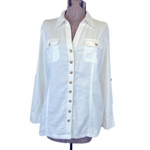 NEW! Cleo Linen & Cotton Blend Button Down Shirt Roll Tab Sleeves Women’s Medium